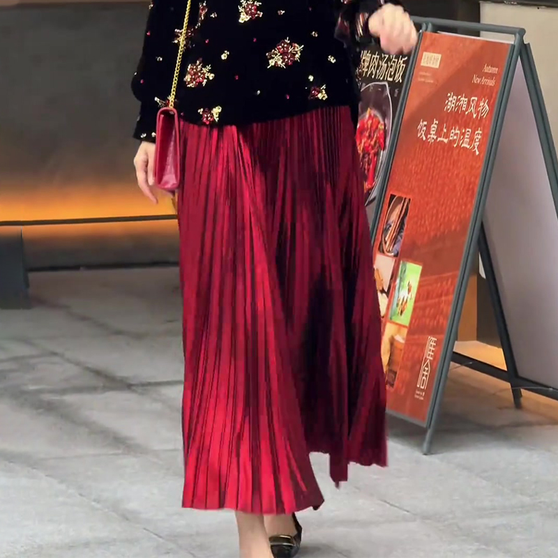 欧货高端定制酒红色大码半身裙女