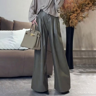 欧货高端定制驼色大码阔腿pu皮裤女2025秋冬新款加厚气质休闲裤子