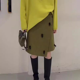 新款 半身裙女2025冬季 加厚不对称A字裙 饰大码 高端定制绿色立体装