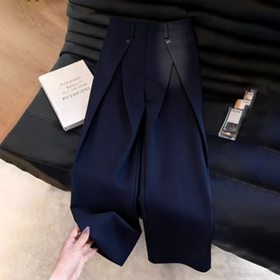 阔腿裤 裤 女2026夏季 垂顺西装 新款 欧货高端定制藏青色腰头纽扣大码