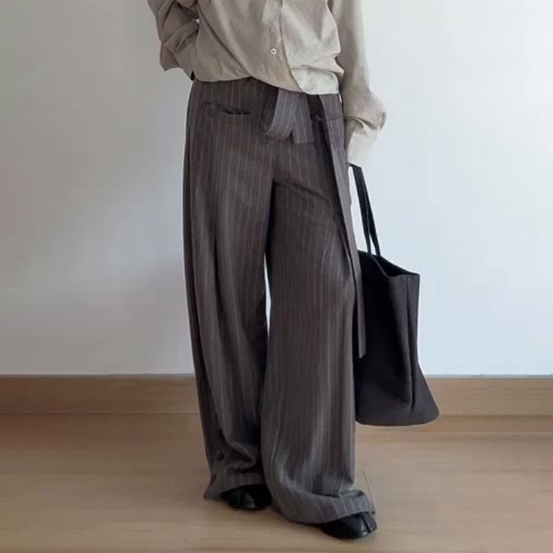 高端定制灰色条纹大码阔腿裤女