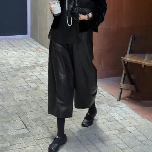 欧货定制黑色大码阔腿八分皮裤女