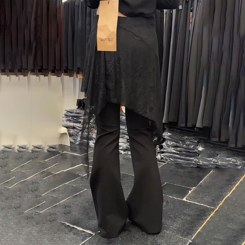定制黑色蕾丝拼接大码阔腿裤女