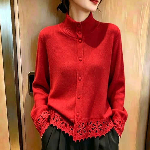 欧货高端正红色立领大码上衣女