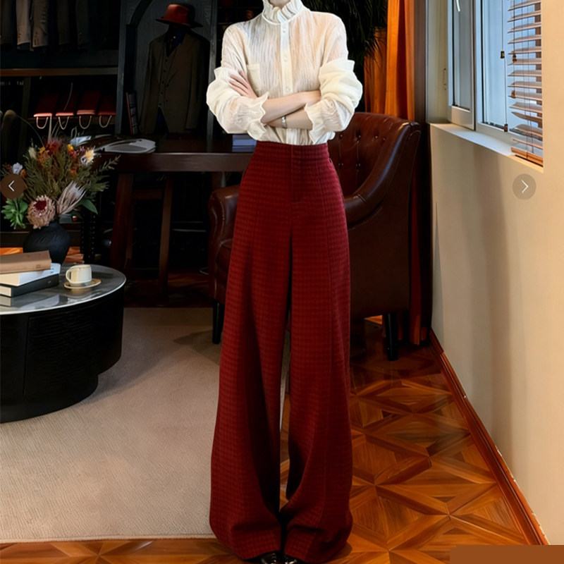 高端定制红色毛呢大码阔腿裤女2025冬季新款加厚格纹慵懒风弯刀裤,女装/女士精品,大码裤装,淘宝优惠券,粉丝福利购,淘宝优惠卷