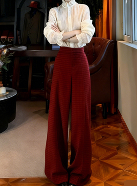 高端定制红色毛呢大码阔腿裤女2025冬季新款加厚格纹慵懒风弯刀裤