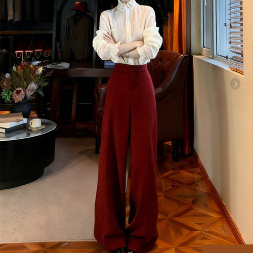 高端定制红色毛呢大码格纹阔腿裤
