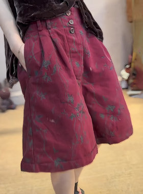 欧货大牌红色棉麻印花短裤女夏季