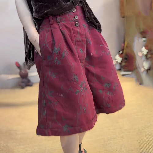 欧货大牌红色棉麻印花短裤女夏季