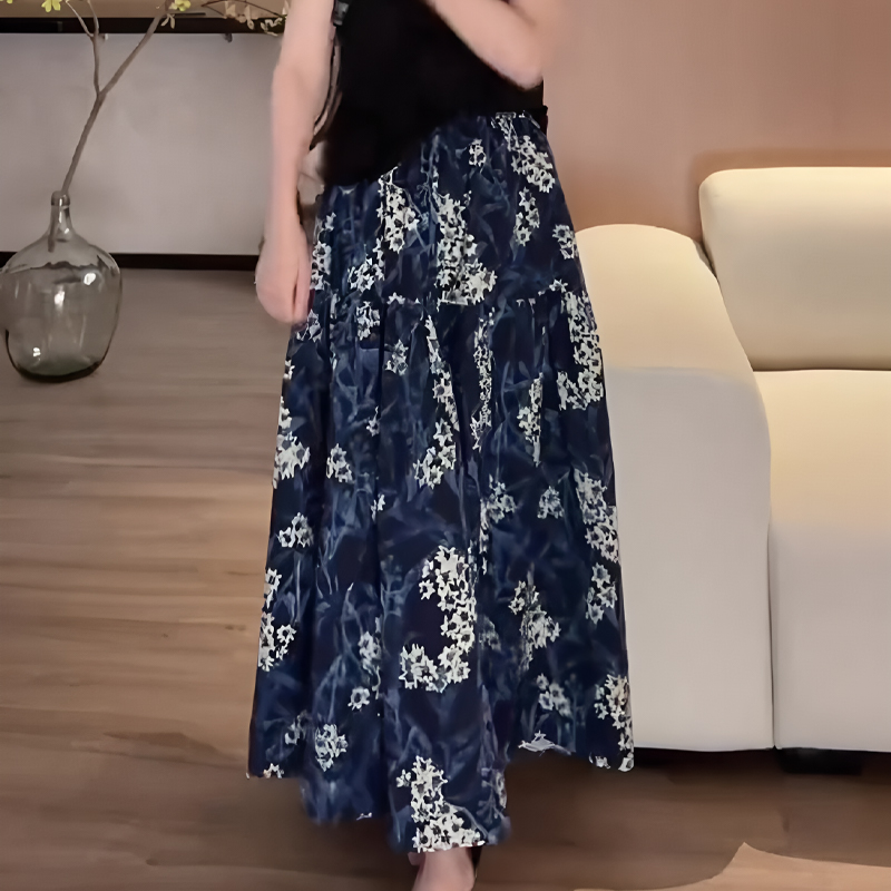 深蓝色碎花休闲风半身裙女2025春夏新款韩版上档次小众别致A字裙
