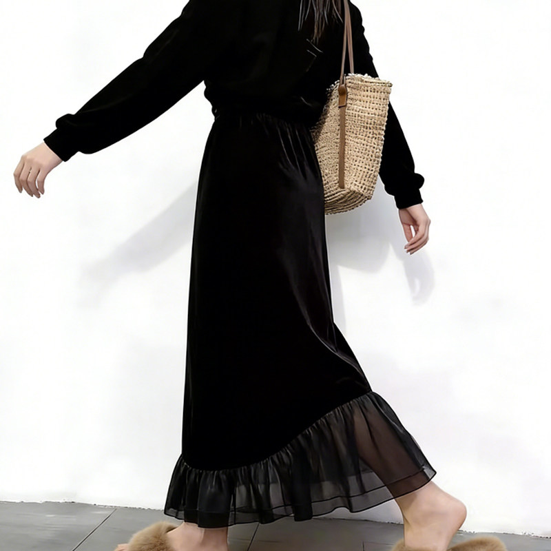 欧货高端定制黑色丝绒大码半身裙女2026早春新款网纱拼接大摆裙子,女装/女士精品,大码半身裙,淘宝优惠券,粉丝福利购,淘宝优惠卷