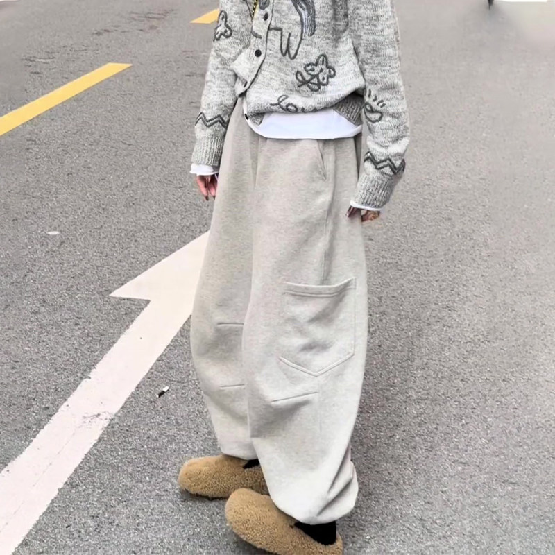 欧货高端定制白灰色毛呢大码阔腿裤女2025冬季新款加厚慵懒休闲裤,女装/女士精品,大码裤装,淘宝优惠券,粉丝福利购,淘宝优惠卷