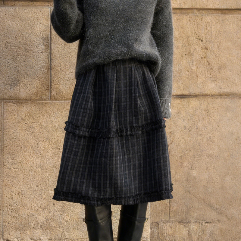 欧货高端定制黑灰色毛呢大码半身裙女2026早春新款细格纹花苞裙子,女装/女士精品,大码半身裙,淘宝优惠券,粉丝福利购,淘宝优惠卷