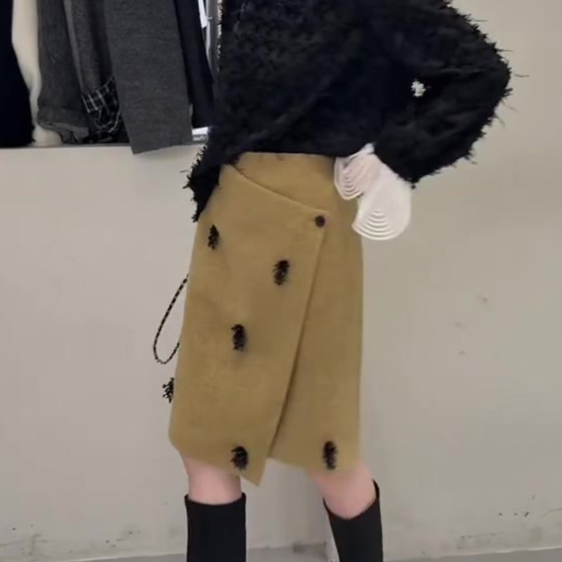 欧货高端定制姜黄色毛呢大码半身裙女2026早春新款立体装饰A字裙