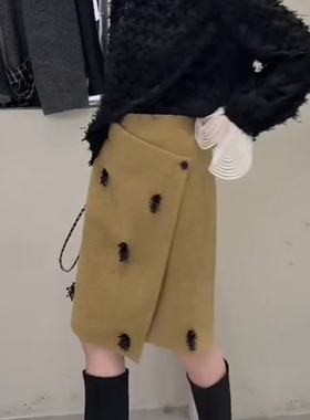 欧货高端定制姜黄色毛呢大码半身裙女2026早春新款立体装饰A字裙