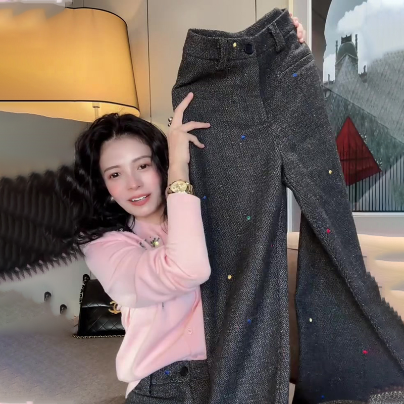 欧货高端定制灰色毛呢波点阔腿裤