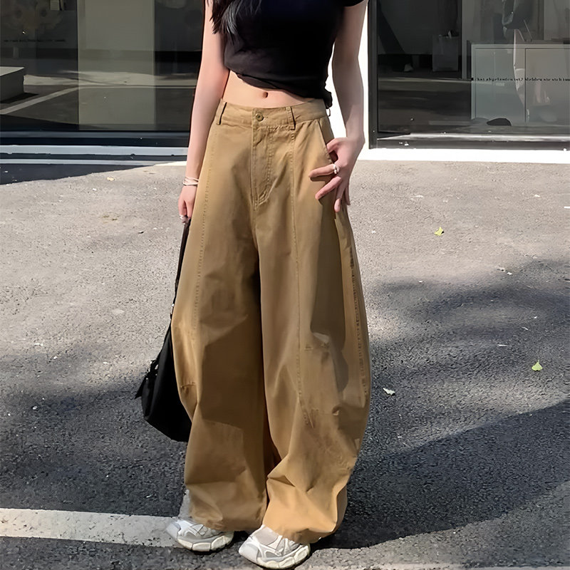 卡其色休闲风时尚宽松大码阔腿裤女2025秋季新款百搭显瘦高腰长裤,女装/女士精品,大码裤装,淘宝优惠券,粉丝福利购,淘宝优惠卷