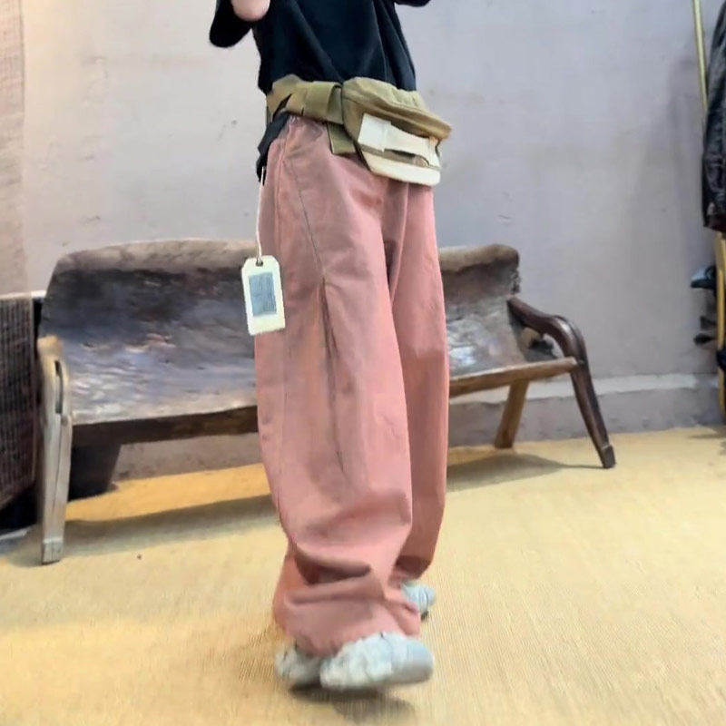 欧货休闲粉色棉麻裤女2025年秋季新款高腰显瘦宽松百搭通勤阔腿裤,女装/女士精品,大码裤装,淘宝优惠券,粉丝福利购,淘宝优惠卷