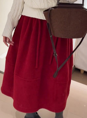 欧货高端定制红色毛呢大码半身裙女2026早春新款减龄百搭花苞裙子
