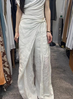 韩版白色亚麻绑带式阔腿裤2025冬季新款设计感时尚气质高腰长裤