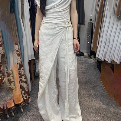 韩版白色亚麻绑带式阔腿裤2026春