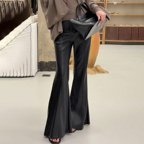 高端定制黑色大码喇叭窄版皮裤女