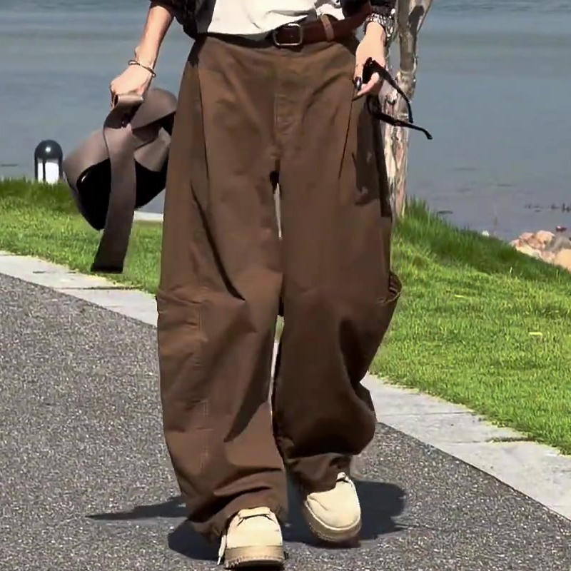高端定制大码复古卡其色阔腿裤女