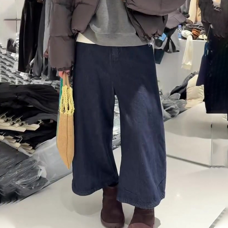 欧货高端定制深蓝色灯芯绒大码阔腿裤女2025秋冬新款加厚休闲裤子