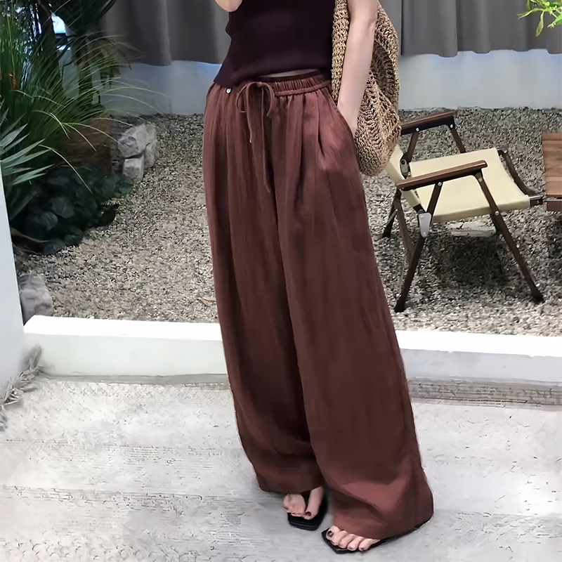 深棕色抽绳松紧腰设计感直筒裤女2025夏季新款小众复古百搭阔腿裤