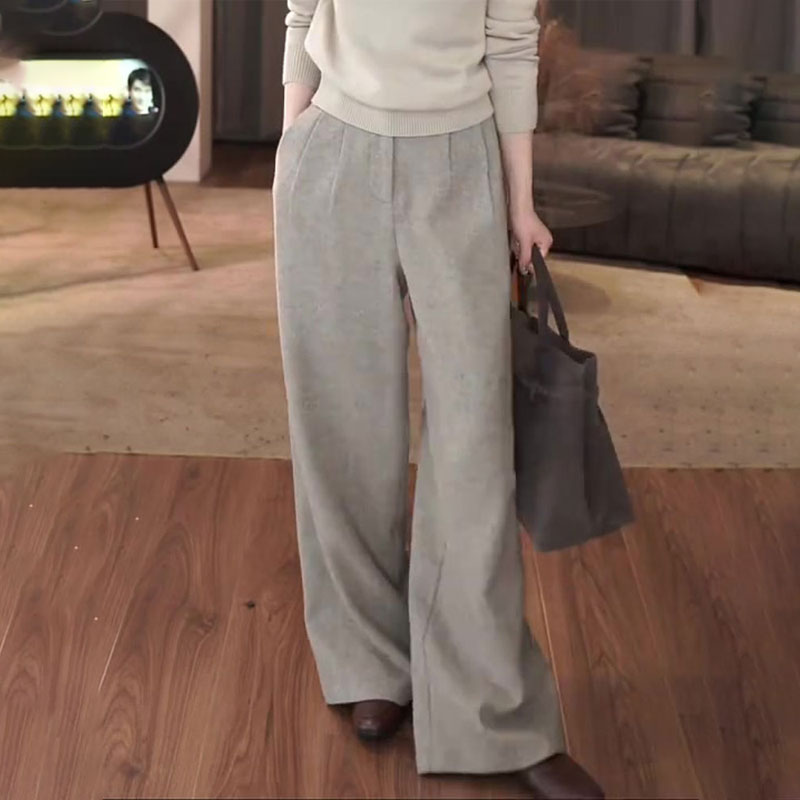 高端定制灰色毛呢大码阔腿裤女