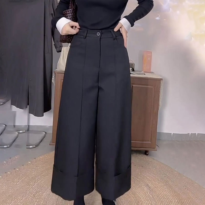 高端定制深灰色大码阔腿西装裤女
