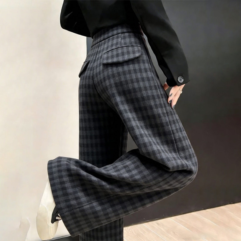 欧货高端定制黑灰色毛呢大码阔腿裤女2026早春新款格子休闲直筒裤,女装/女士精品,大码裤装,淘宝优惠券,粉丝福利购,淘宝优惠卷