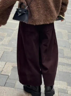 欧货高端定制暗紫色毛呢大码阔腿裤女2026早春新款慵懒风休闲裤子