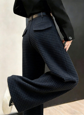 欧货高端定制藏蓝色毛呢大码阔腿裤女2026早春新款格子休闲直筒裤