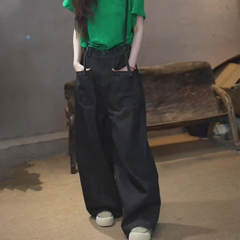 欧货高端定制黑色大码阔腿背带裤女2026早春新款慵懒风休闲牛仔裤