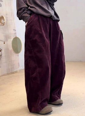 欧货高端定制紫色棉麻大码阔腿裤女2025冬季新款宽松慵懒风休闲裤