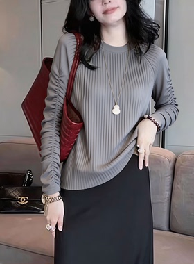 欧货高端定制浅灰色大码褶皱上衣女2026夏季新款轻熟慵懒抽绳T恤