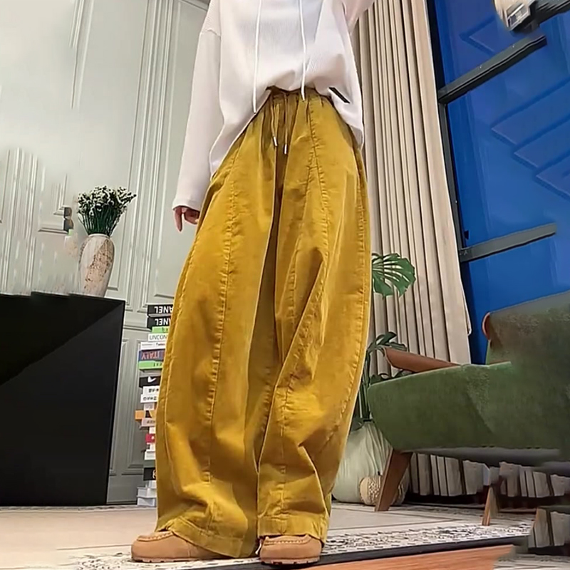 高端定制黄色大码松弛感阔腿裤女