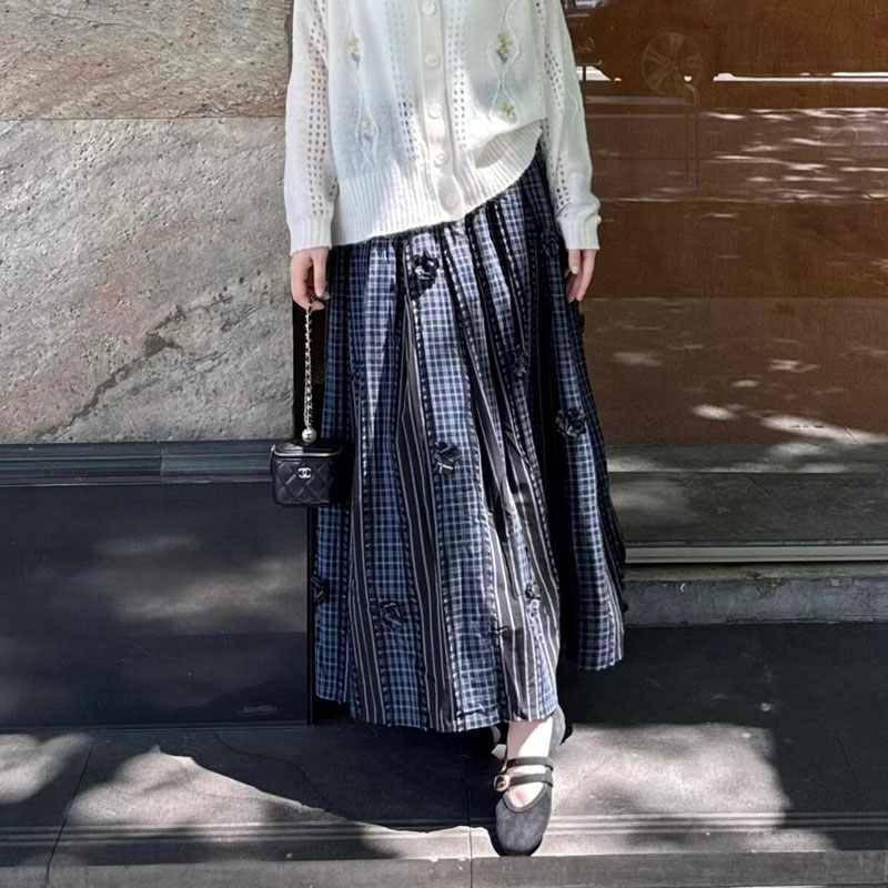 欧货蓝色格子大码立体花朵半裙