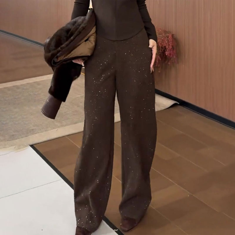 欧货高端定制咖色毛呢亮片大码阔腿裤女2025秋冬新款加厚休闲裤子