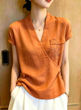 欧货高端气质蕉橙色大码上衣女2026夏季新款简约交叉系带V领上衣
