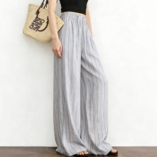 高端定制浅灰色细竖条纹大码阔腿裤女2026春夏新款慵懒风休闲裤子