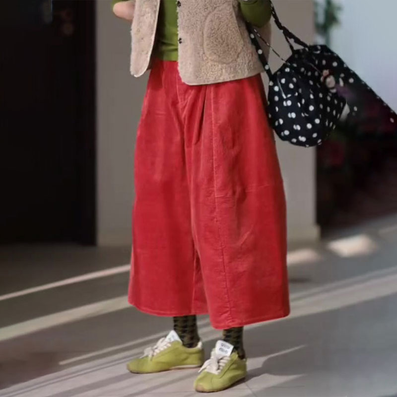 高端定制橙红色灯芯绒大码阔腿裤