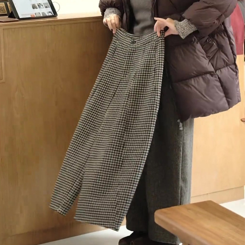 高端定制灰色毛呢大码格子阔腿裤