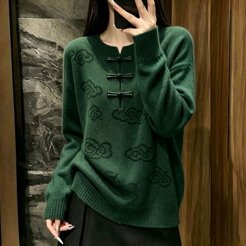 欧货高端祥云提花绿色大码上衣女