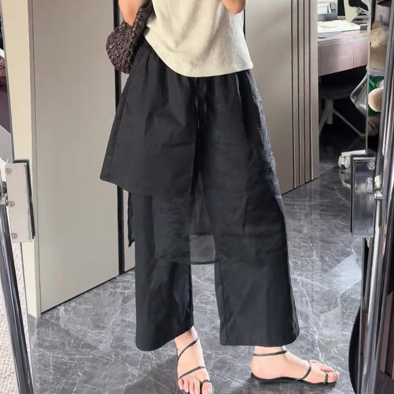 韩版黑色网纱拼接八分裤女2025年秋季新款宽松遮肉百搭气质休闲裤
