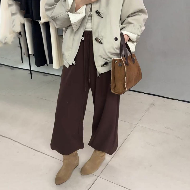 欧货高端定制棕色大码阔腿卫裤女