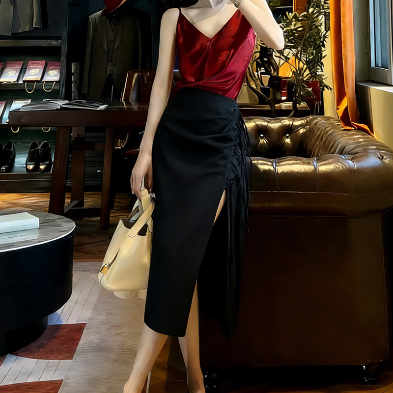 欧货高端定制黑色抽绳大码半身裙女2026早春新款轻熟风开叉A字裙,女装/女士精品,大码半身裙,淘宝优惠券,粉丝福利购,淘宝优惠卷