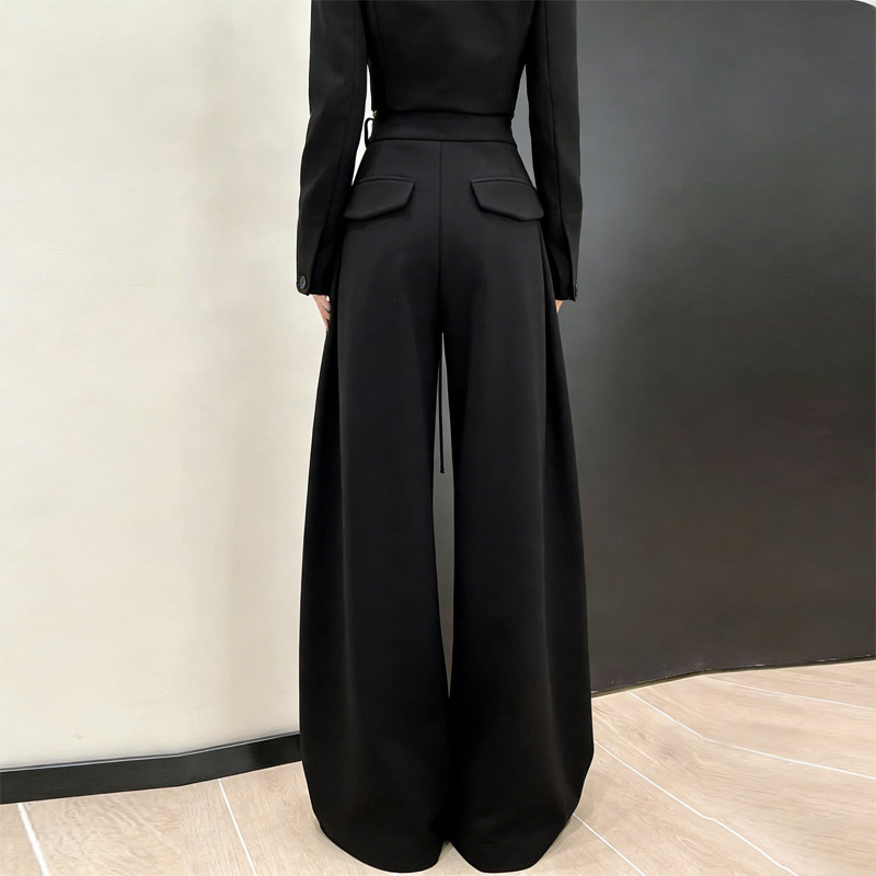 欧货高端定制黑色毛呢大码阔腿裤女2026早春新款慵懒抽绳弯刀裤子,女装/女士精品,大码裤装,淘宝优惠券,粉丝福利购,淘宝优惠卷