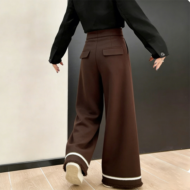 欧货高端定制棕色毛呢大码阔腿裤女2026早春新款毛边慵懒风休闲裤,女装/女士精品,大码裤装,淘宝优惠券,粉丝福利购,淘宝优惠卷
